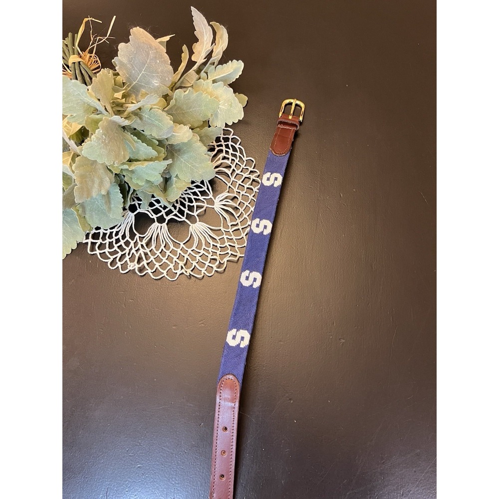 Preppy‎ Brown Leather Blue White Needlepoint Block S Youth Belt XS